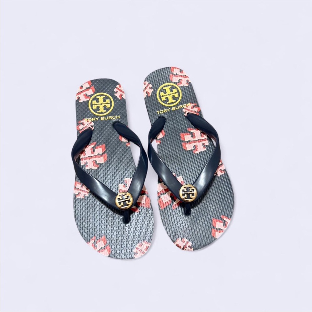 Tory Burch Blue with Pink and Red Patterned Flip Flops